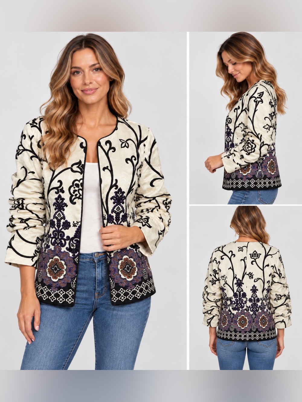 Coldwater Creek Embroidered Floral Paisley Cotton Jacket Size 10